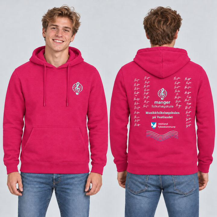 Miami Hoody unisex – Cerise – Manger Folkehøgskule, foran og bak på modell. KI-illustrasjon basert på produktfoto; eksempelsignaturer.