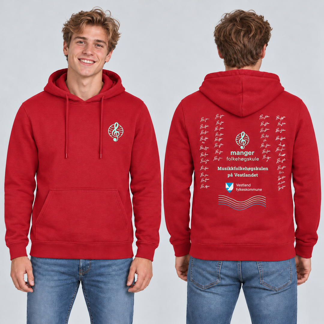 Miami Hoody unisex – Rød – Manger Folkehøgskule, foran og bak på modell. KI-illustrasjon basert på produktfoto; eksempelsignaturer.