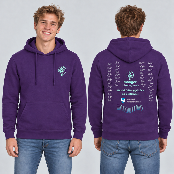 Miami Hoody unisex – Lys lilla – Manger Folkehøgskule, foran og bak på modell. KI-illustrasjon basert på produktfoto; eksempelsignaturer.