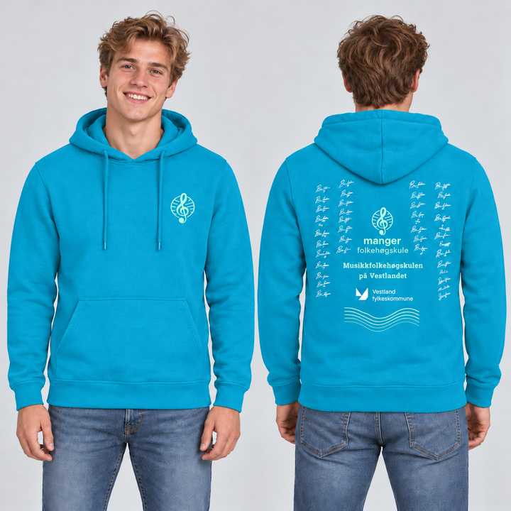 Miami Hoody unisex – Turkis – Manger Folkehøgskule, foran og bak på modell. KI-illustrasjon basert på produktfoto; eksempelsignaturer.