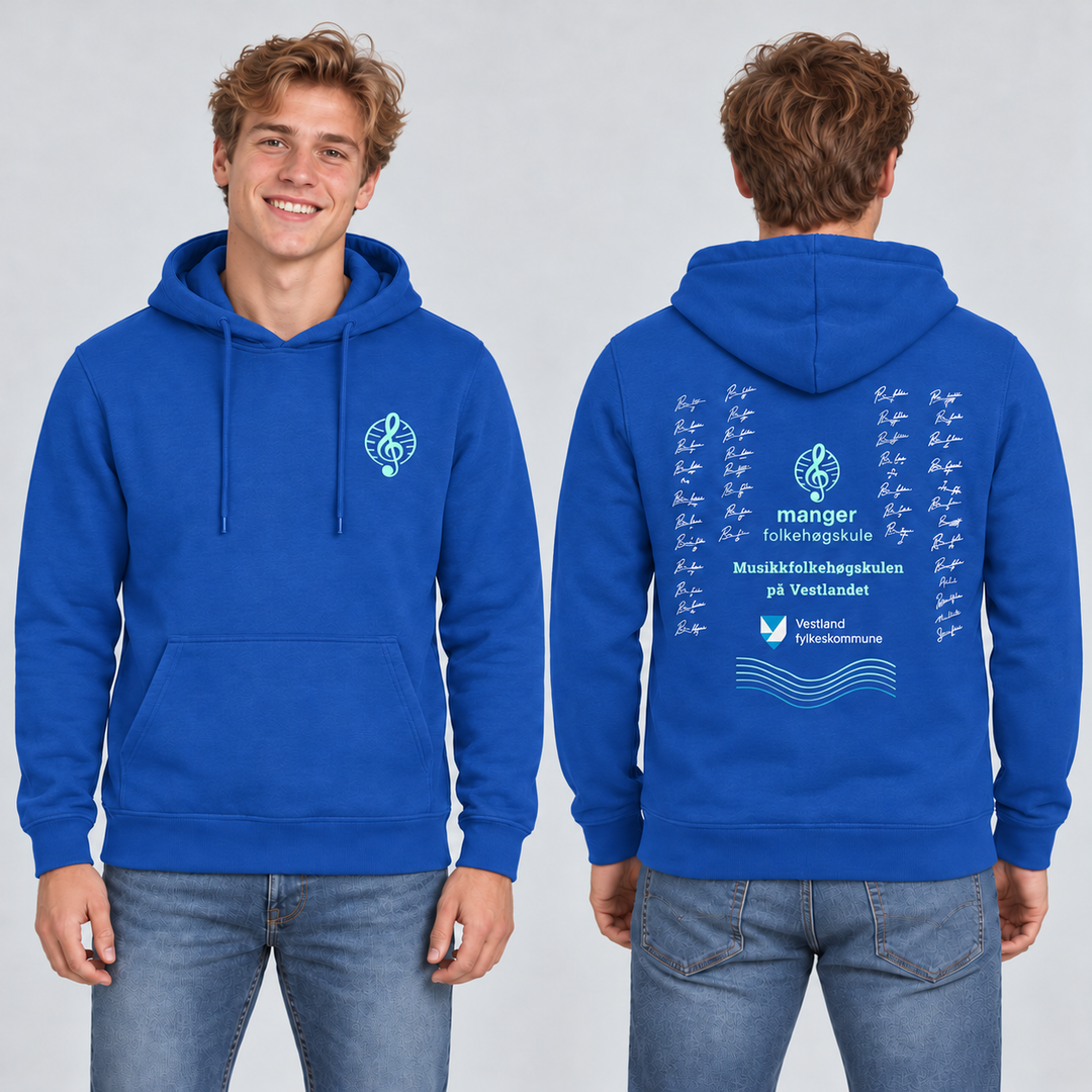 Miami Hoody unisex – Kongeblå – Manger Folkehøgskule, foran og bak på modell. KI-illustrasjon basert på produktfoto; eksempelsignaturer.