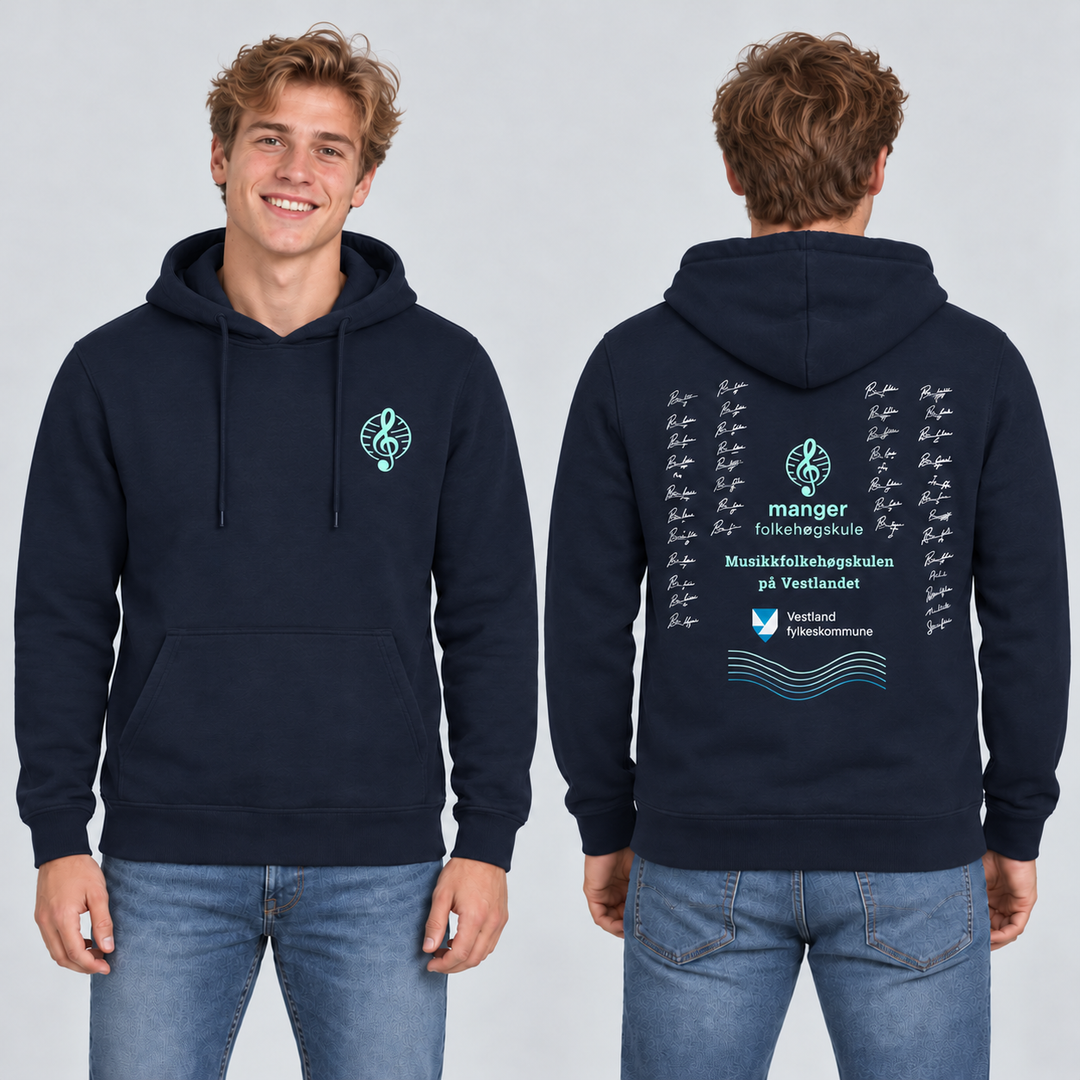 Miami Hoody unisex – Marineblå – Manger Folkehøgskule, foran og bak på modell. KI-illustrasjon basert på produktfoto; eksempelsignaturer.