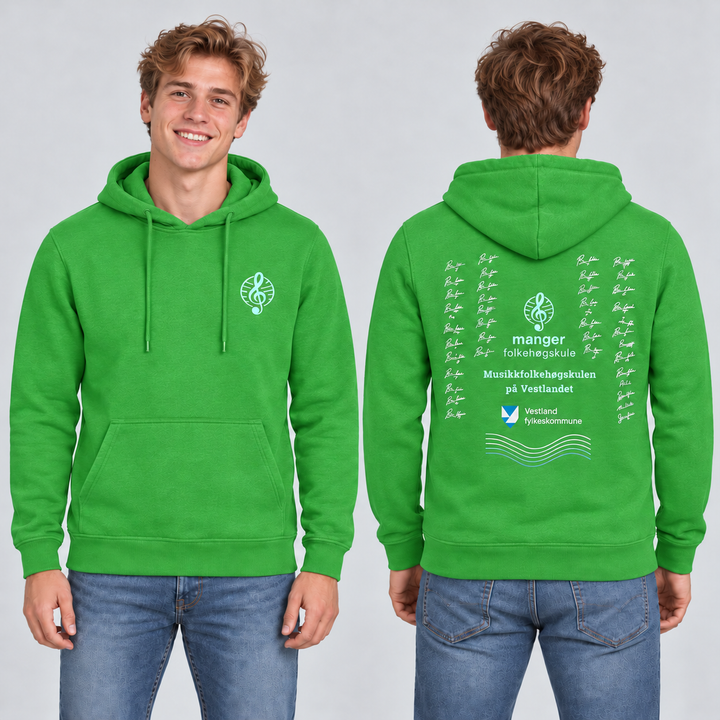 Miami Hoody unisex – Eplegrønn – Manger Folkehøgskule, foran og bak på modell. KI-illustrasjon basert på produktfoto; eksempelsignaturer.