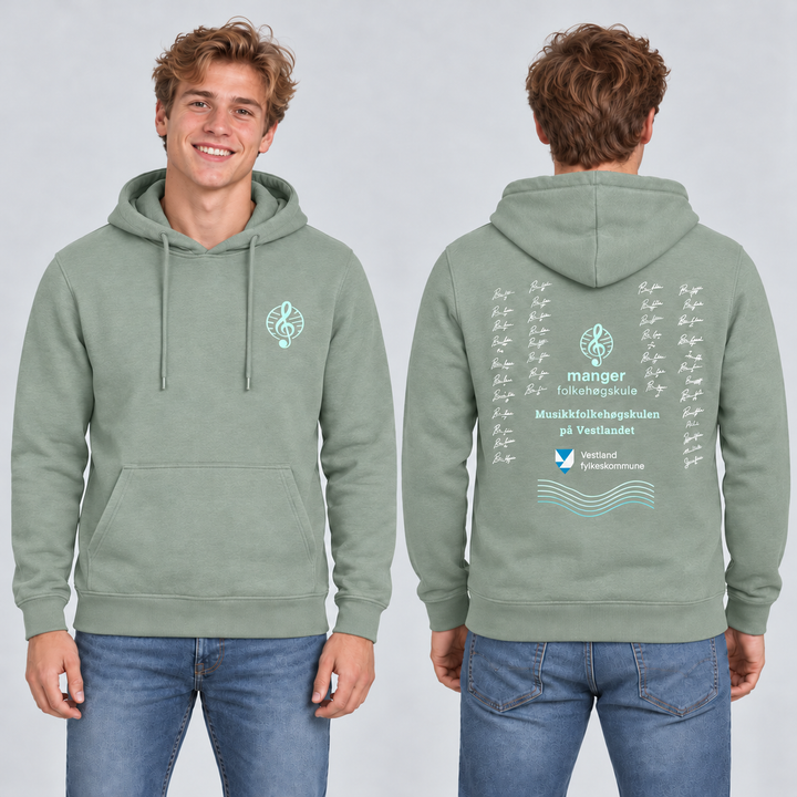 Miami Hoody unisex – Salviegrønn – Manger Folkehøgskule, foran og bak på modell. KI-illustrasjon basert på produktfoto; eksempelsignaturer.