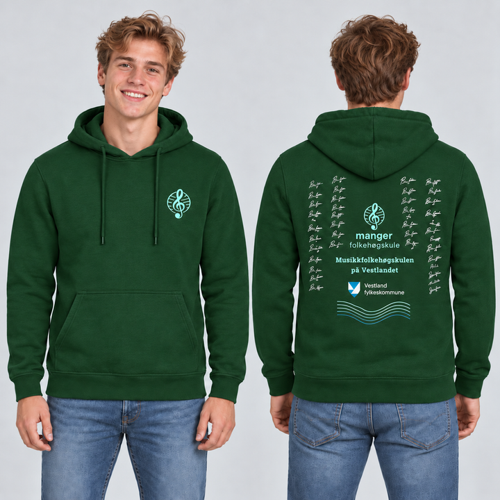 Miami Hoody unisex – Flaskegrønn – Manger Folkehøgskule, foran og bak på modell. KI-illustrasjon basert på produktfoto; eksempelsignaturer.