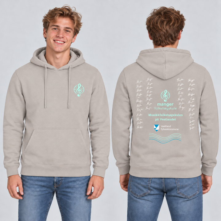 Miami Hoody unisex – Steingrå – Manger Folkehøgskule, foran og bak på modell. KI-illustrasjon basert på produktfoto; eksempelsignaturer.