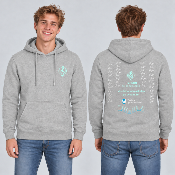 Miami Hoody unisex – Askegrå – Manger Folkehøgskule, foran og bak på modell. KI-illustrasjon basert på produktfoto; eksempelsignaturer.