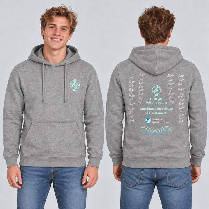 Miami Hoody unisex – Gråmelert – Manger Folkehøgskule, foran og bak på modell. KI-illustrasjon basert på produktfoto; eksempelsignaturer.