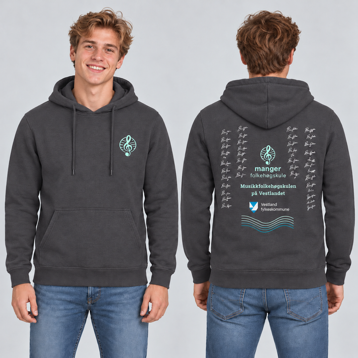 Miami Hoody unisex – Metallgrå – Manger Folkehøgskule, foran og bak på modell. KI-illustrasjon basert på produktfoto; eksempelsignaturer.