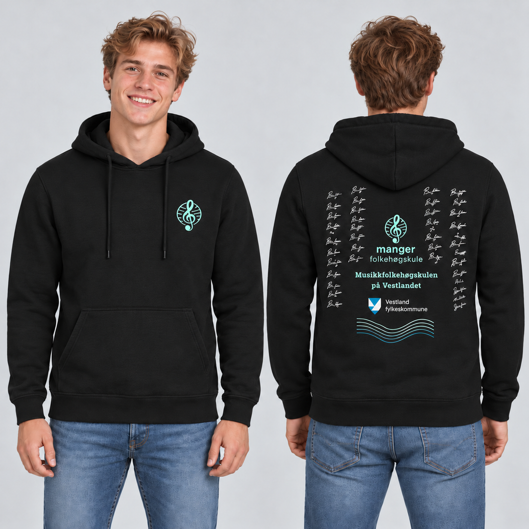 Miami Hoody unisex – Sort – Manger Folkehøgskule, foran og bak på modell. KI-illustrasjon basert på produktfoto; eksempelsignaturer.
