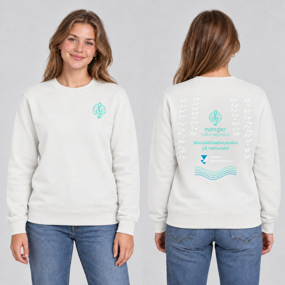 Miami Roundneck unisex – Offwhite – Manger Folkehøgskule, foran og bak på modell. KI-illustrasjon basert på produktfoto; eksempelsignaturer.