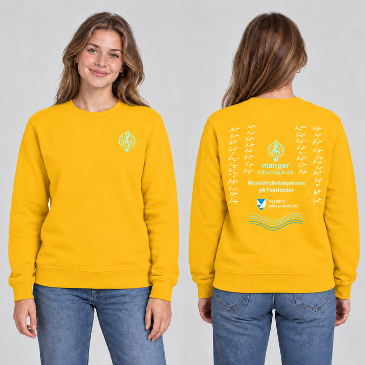 Miami Roundneck unisex – Sitrongul – Manger Folkehøgskule, foran og bak på modell. KI-illustrasjon basert på produktfoto; eksempelsignaturer.