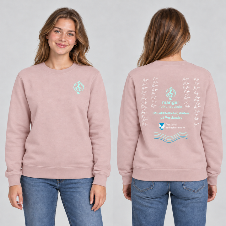 Miami Roundneck unisex – Godterirosa – Manger Folkehøgskule, foran og bak på modell. KI-illustrasjon basert på produktfoto; eksempelsignaturer.