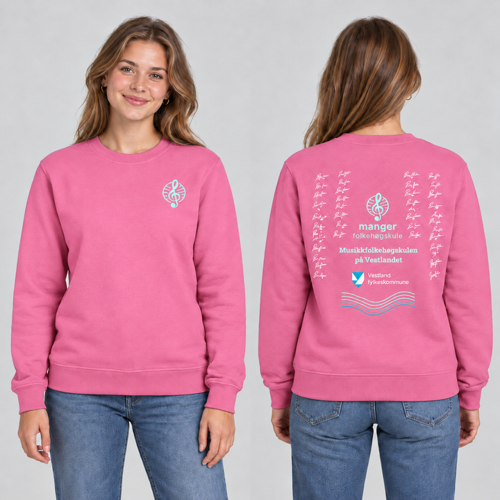 Miami Roundneck unisex – Rosa – Manger Folkehøgskule, foran og bak på modell. KI-illustrasjon basert på produktfoto; eksempelsignaturer.