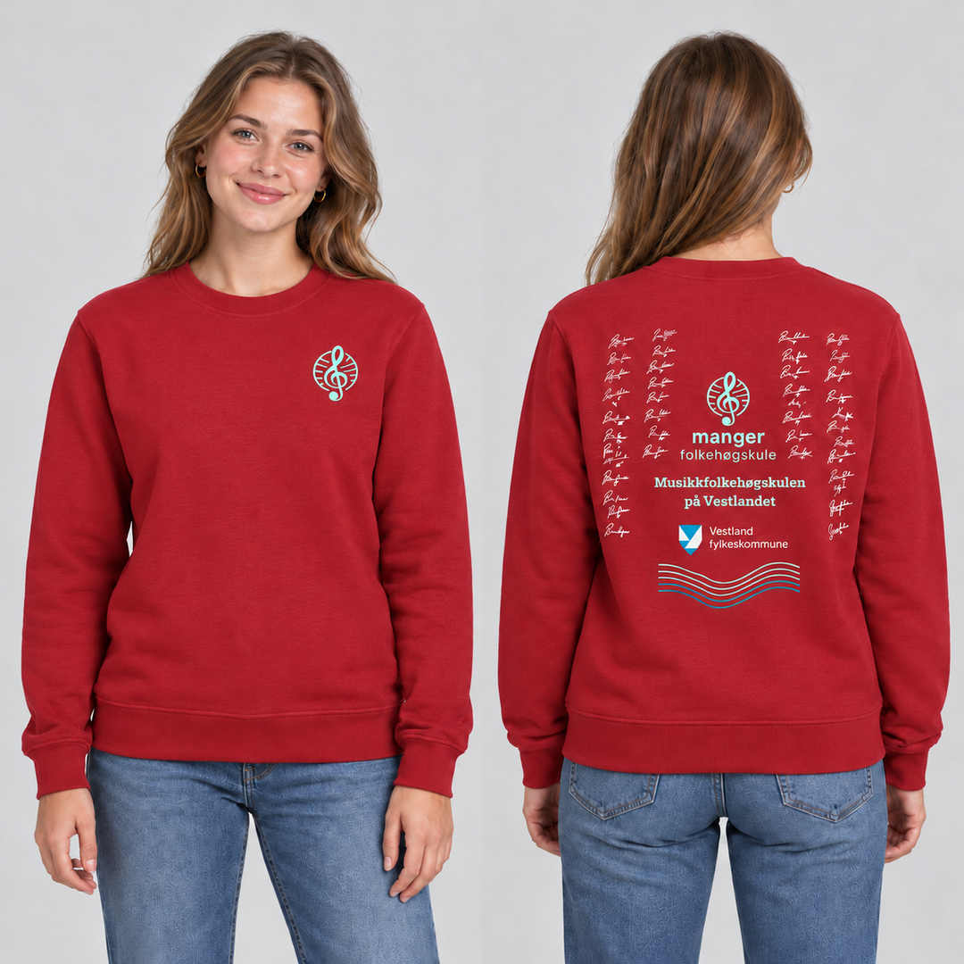 Miami Roundneck unisex – Rød – Manger Folkehøgskule, foran og bak på modell. KI-illustrasjon basert på produktfoto; eksempelsignaturer.