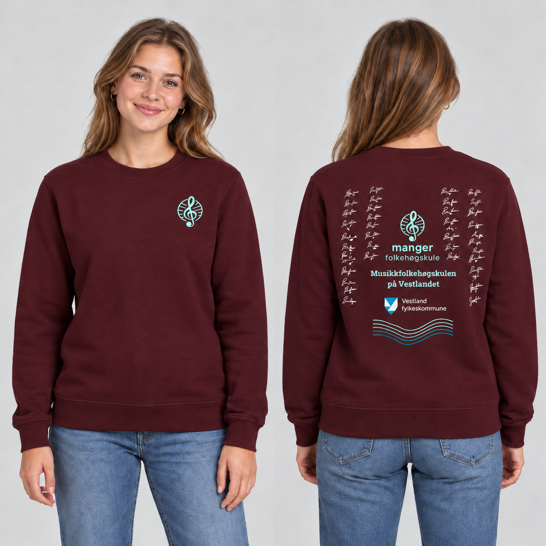 Miami Roundneck unisex – Burgunder – Manger Folkehøgskule, foran og bak på modell. KI-illustrasjon basert på produktfoto; eksempelsignaturer.