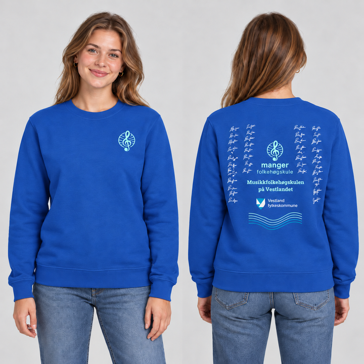 Miami Roundneck unisex – Kongeblå – Manger Folkehøgskule, foran og bak på modell. KI-illustrasjon basert på produktfoto; eksempelsignaturer.