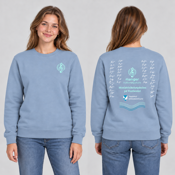 Miami Roundneck unisex – Lys blå – Manger Folkehøgskule, foran og bak på modell. KI-illustrasjon basert på produktfoto; eksempelsignaturer.