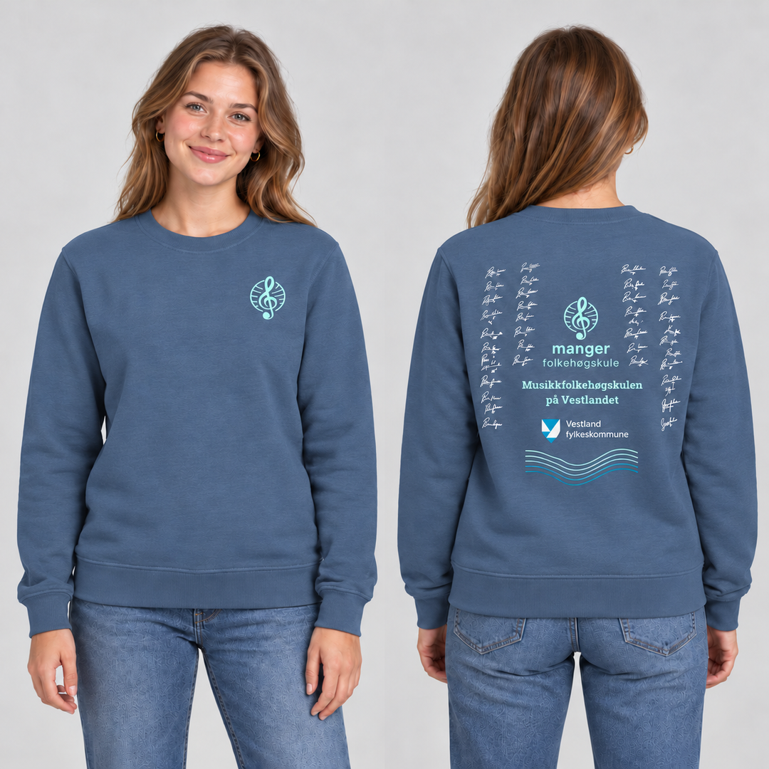 Miami Roundneck unisex – Stålblå – Manger Folkehøgskule, foran og bak på modell. KI-illustrasjon basert på produktfoto; eksempelsignaturer.
