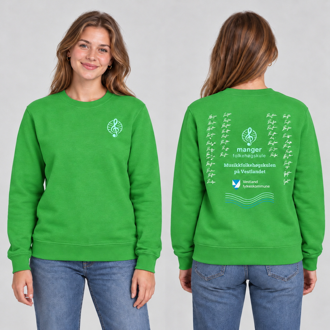 Miami Roundneck unisex – Eplegrønn – Manger Folkehøgskule, foran og bak på modell. KI-illustrasjon basert på produktfoto; eksempelsignaturer.