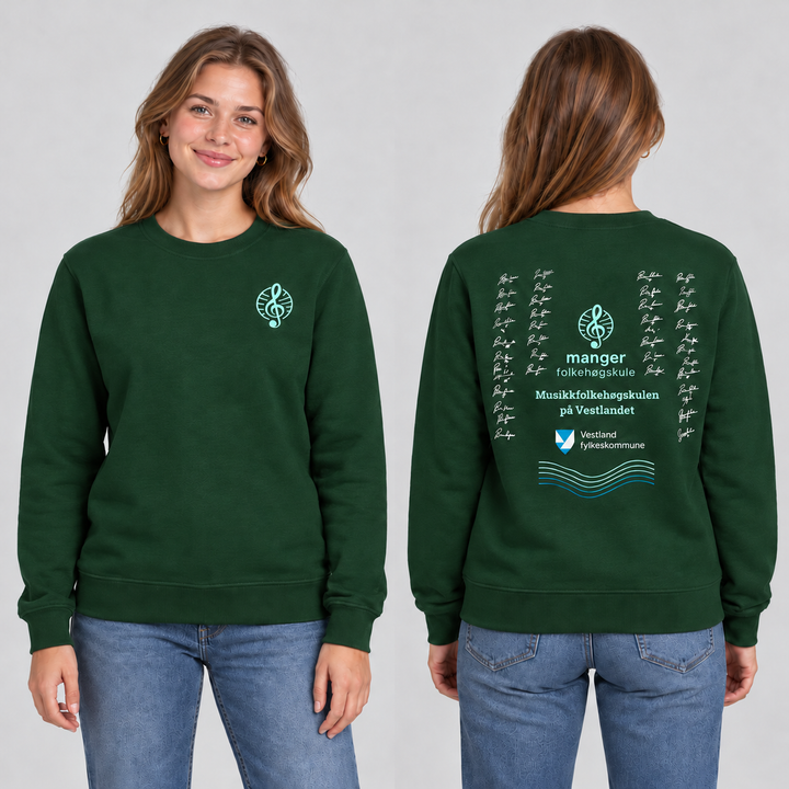 Miami Roundneck unisex – Flaskegrønn – Manger Folkehøgskule, foran og bak på modell. KI-illustrasjon basert på produktfoto; eksempelsignaturer.
