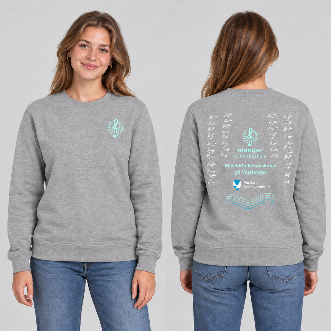 Miami Roundneck unisex – Askegrå – Manger Folkehøgskule, foran og bak på modell. KI-illustrasjon basert på produktfoto; eksempelsignaturer.