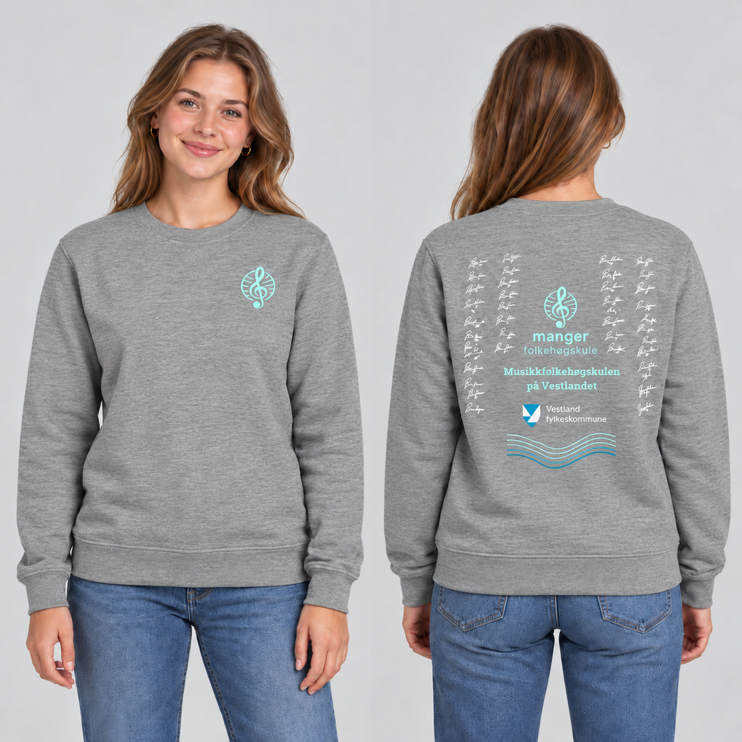Miami Roundneck unisex – Gråmelert – Manger Folkehøgskule, foran og bak på modell. KI-illustrasjon basert på produktfoto; eksempelsignaturer.