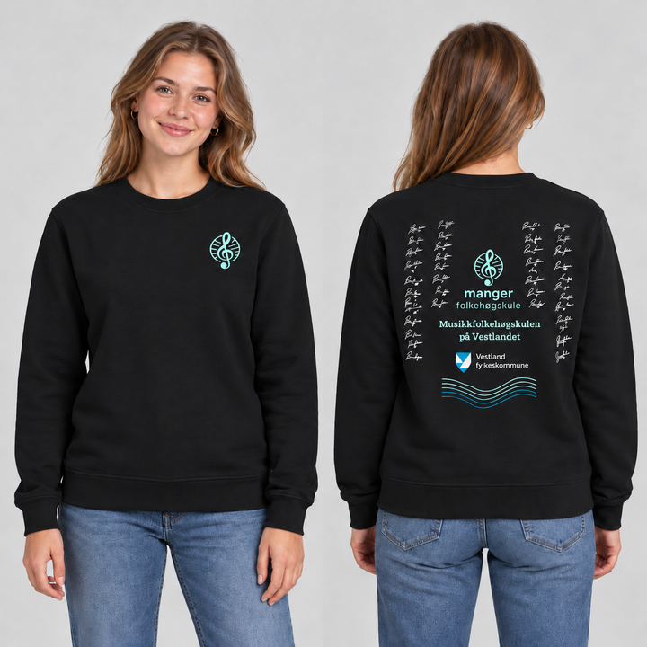 Miami Roundneck unisex – Sort – Manger Folkehøgskule, foran og bak på modell. KI-illustrasjon basert på produktfoto; eksempelsignaturer.