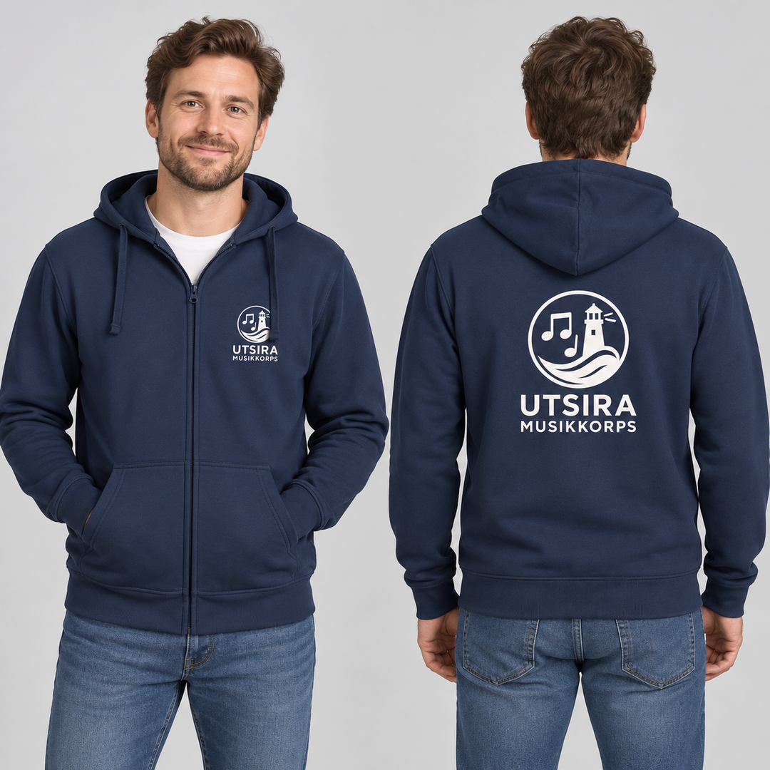 Modellillustrasjon av Basic hettejakke herre i marineblå med Utsira Musikkorps-logo foran og bak
